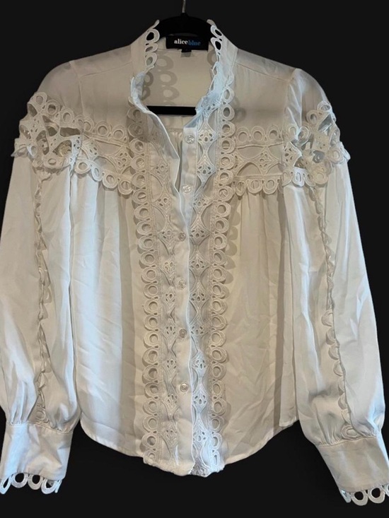 Alice Blue Tops - Alice Blue White Eyelet Crochet Lace Trim Button Up Blouse Top - S